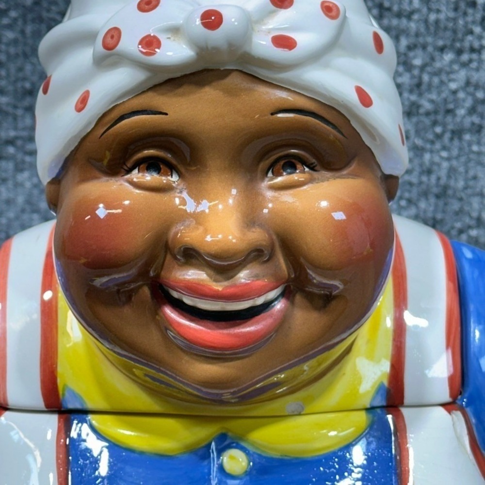 Vintage Clay Art Cookie Jar Blue Dress Rolling Pin Americana Kitchen Decor - Picture 2 of 16